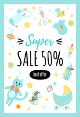 Design template card for the baby shop with text "Super. Sale 50%. Best offer".