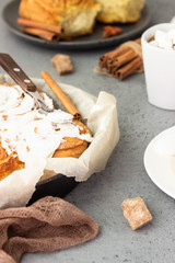 Cinnamon rolls (Cinnabon) on a plate with hot chocolate or cocoa drink. Kanelbullens dag.