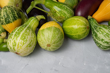 zucchini, eggplant lie on a light gray background, harvest. The concept of abundance.