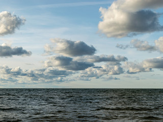 seascape image of the sea with  stones and grass of light before sunset,  quiet sea. baltic sea, Tuja beatch, Latvia