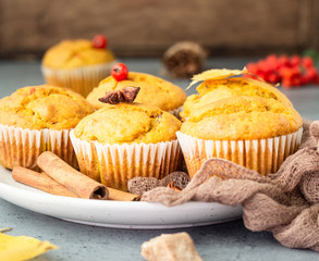 Sweet pumpkin or carrot muffins with fall spices. Autumn dessert. Healthy baking concept. Copy space.