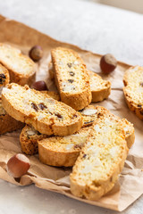 Traditional italian cookies biscotti (cantucci or cantuccini) with hazelnuts. 