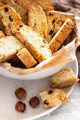 Traditional italian cookies biscotti (cantucci or cantuccini) with hazelnuts. 
