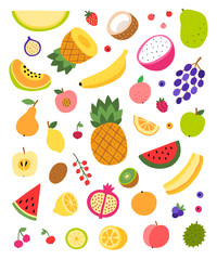 Fruit vector collection isolated on white background. Cute food fruits illustrations. Healthy eating and vegetarian set