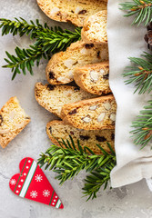 Canvas bag with traditional Italian cookies biscotti or cantuccini with hazelnuts. Christmas or New year décor. 