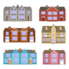A set of traditional English, European houses, cottages, mansions. Isolated on a white background, vector illustration.