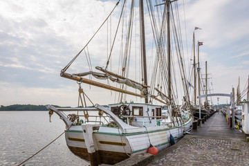 Old sailingboats at the quayside in the port of Svendborg, Denmark