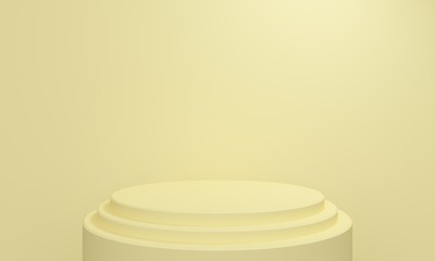 Geometric yellow abstract background with a cylindrical podium. Backdrop design for product promotion. 3d rendering