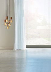 empty living room interior decoration modern lamp and wooden floor, stone wall concept. decorative background for home, office, hotel