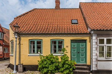 The entrance door to a yellow stone house with green hollyhochs in the island of Aero, Denmark