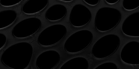black abstract 3d design background, organic shape rounded with hole and texture on surface. wallpaper or texture. 4k resolution. 3d illustration