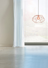 empty living room interior decoration modern lamp and wooden floor, stone wall concept. decorative background for home, office, hotel