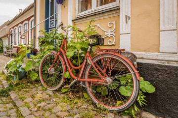 a red retro bike leaning up against a wall with hollyhochs