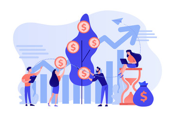 Money investing, financiers analyzing stock market profit. Portfolio income, capital gains income, royalties from investments concept. Pink coral blue vector isolated illustration