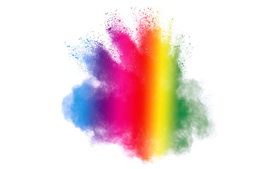 Freeze motion of colorful color powder exploding on white background.  Paint Holi.