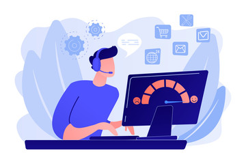 Clients assistance, call center, hotline operator, consultant manager. Customer care, seamless and personalized service, customer experience concept. Pink coral blue vector isolated illustration