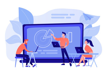 Students with laptops sitting around lector behind interactive board. Digital classroom, flipped class, blended learning and smart classroom. Modern education concept.Living coral blue vector