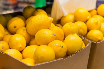 2 boxes of ripe fresh yellow lemons on the counter in the store, citrus, fruit