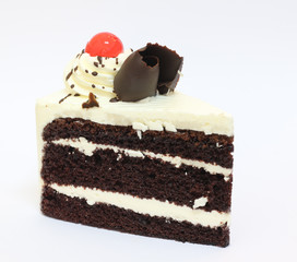 Chocolate cake isolated on white background, copy space.