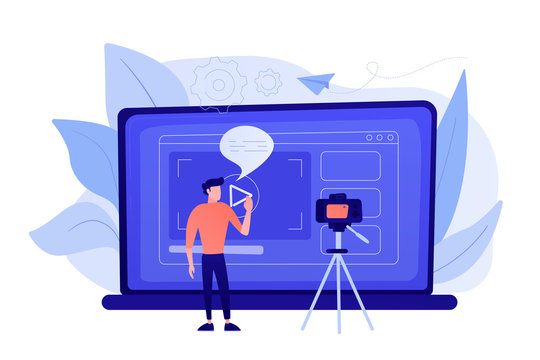 A man in front of camera recording a video to share it in internet. Vloger shares a bradcast in blog or video log. Video bloging, web television or embedded video concept. Violet palette. Vector.