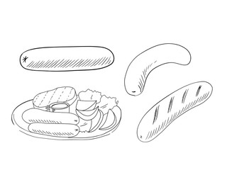 Set of sausages, a dish of fried sausage, vegetables, toast and sauce. Sketch illustration on a white background. Isolated.