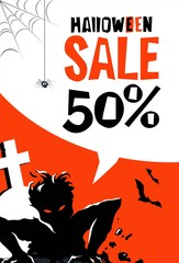 Halloween sale template. Scary zombie getting out from tomb. Mobile website social media banner, poster, email and newsletter design, ad, promotional material. Vector illustrations