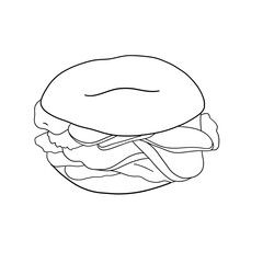 Bagel with cucumber, salmon, cream cheese. Contour illustration isolated on white background.