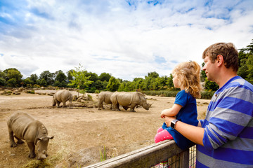 Cute adorable toddler girl and father watching rhinos in zoo. Happy baby child, daughter and dad, family having fun together with animals safari park on warm summer day. - obrazy, fototapety, plakaty