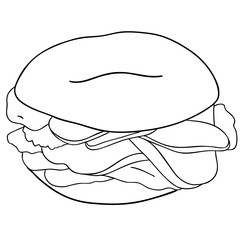 Bagel with cucumber, salmon, cream cheese. Contour illustration isolated on white background. Vector