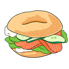 Bagel with cucumber, salmon, cream cheese. Hand drawn illustration isolated on white background. Vector