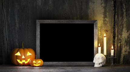 halloween pumpkins candles with blackboard, horror movie poster mock up, scary pumpkins framed, 3D render