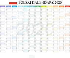 Polish Calendar 2020, Kalendarz polski 2020, monthly planning, color calendar template for year 2020, weeks, months, Polish Language, set of 12 months, printable calendar vector illustration