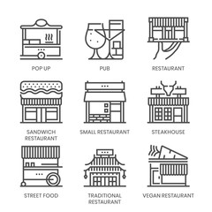 Restaurant types related, square line vector icon set for applications and website development. The icon set is pixelperfect with 64x64 grid. Crafted with precision and eye for quality.