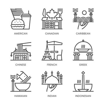 Popular Cuisines related, square line vector icon set for applications and website development. The icon set is pixelperfect with 64x64 grid. Crafted with precision and eye for quality.