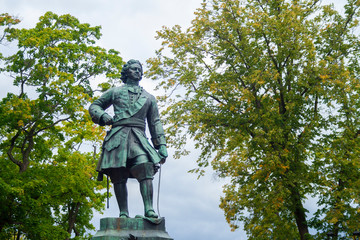 Peter the great monument in park in kronstadt saint petersburg. Historical tourist  sight peter first