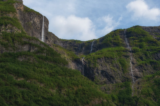 Kjelfossen Waterfall from Gudvangen, Sogn og Fjordane, Norway. July 2019