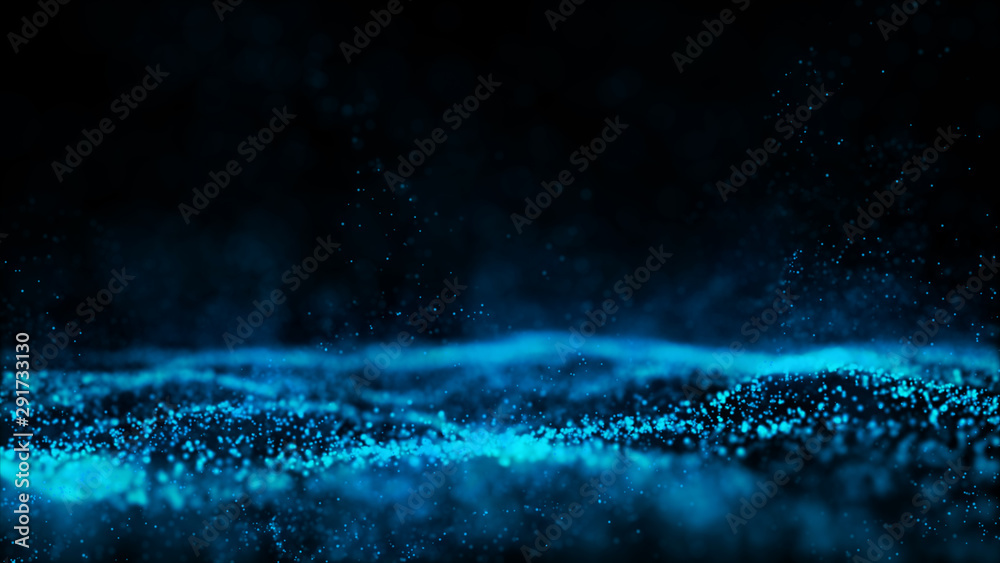 Wall mural dark blue background.light illuminating blue glitter particles abstract futuristic with bokeh backgr