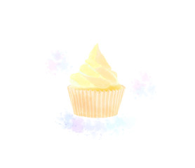 A cupcake (Fairy cake, Bun, Patty cake) is a small cake designed to serve one person, watercolor background, vector illustration.