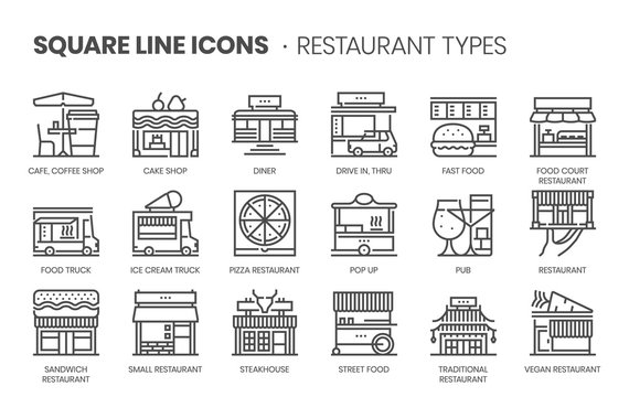 Restaurant types related, square line vector icon set for applications and website development. The icon set is pixelperfect with 64x64 grid. Crafted with precision and eye for quality.