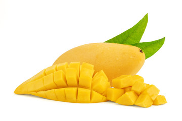 Mango fruit with water drop and green leaf and cut in cubes isolated on white background with clipping path