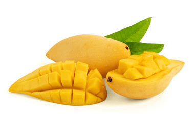 Mango fruit with water drop and green leaf and cut in cubes isolated on white background with clipping path