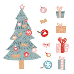 Christmas greetings set with isolated decorative winter objects - baubles, toys, gift boxes, xmas tree on white background. Hand drawn flat vector modern illustration.