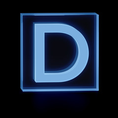 Clear transparent glass or plexiglass display with luminous capital letter D inside on dark background, 3D rendered image