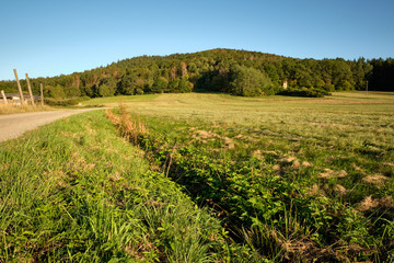 Fototapeta na wymiar Beautiful late summer landscape in the countryside with a gravel road, meadows and the hill called Moritzberg near Haimendorf, Germany