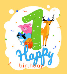 Children 1st birthday greeting card vector template