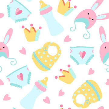 Seamless pattern with flat style icons of baby diaper, bib, a bottle of milk, bonnet for a happy child. Background with baby accessories for baby shower party.