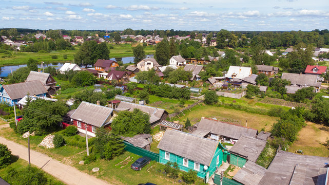 Aerial photography, view of the village from above, houses, streets, gardens