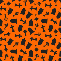 Seamless pattern with tombstone on orange background, vector illustration