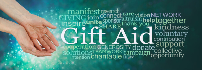Give what you can Gift Aid Campaign Word Cloud  - female hands in gentle offering gesture beside a GIFT AID word cloud on a green and sparkling background