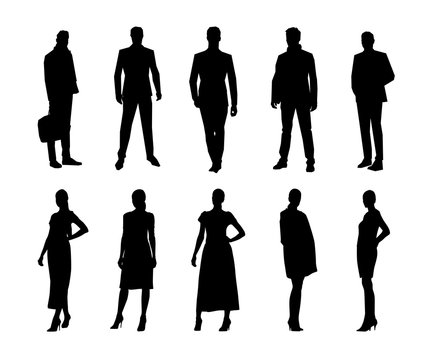 Business people, men and women standing in formal clothing, group of isolated vector silhouettes